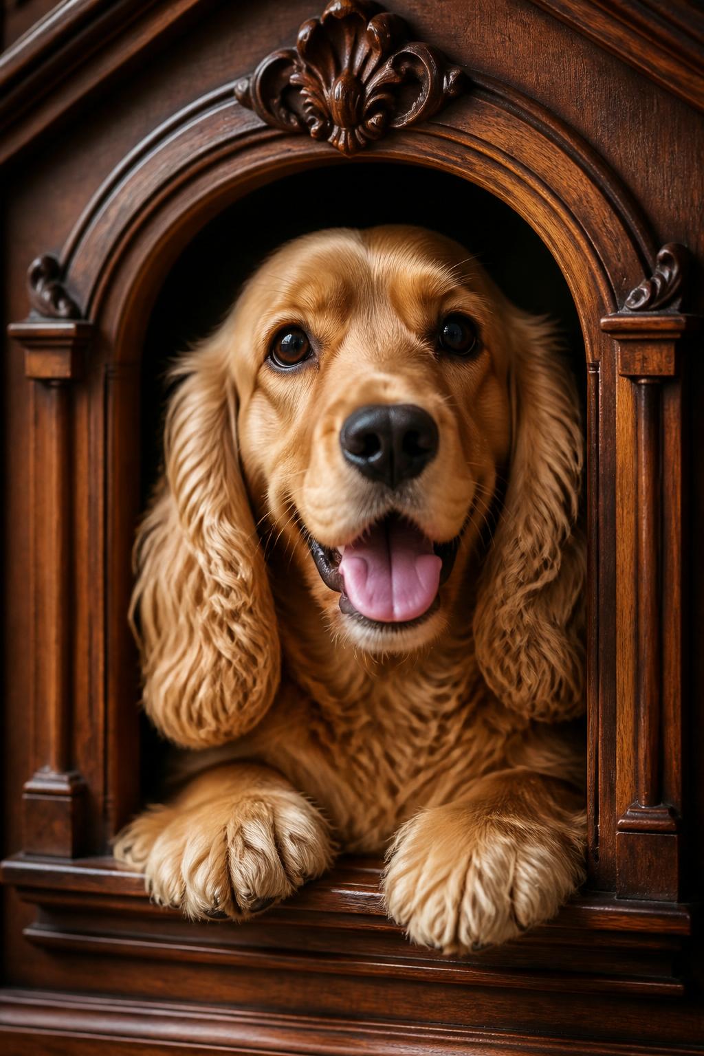 A golden cocker spaniel resting in a hand-carved walnut doggy pad