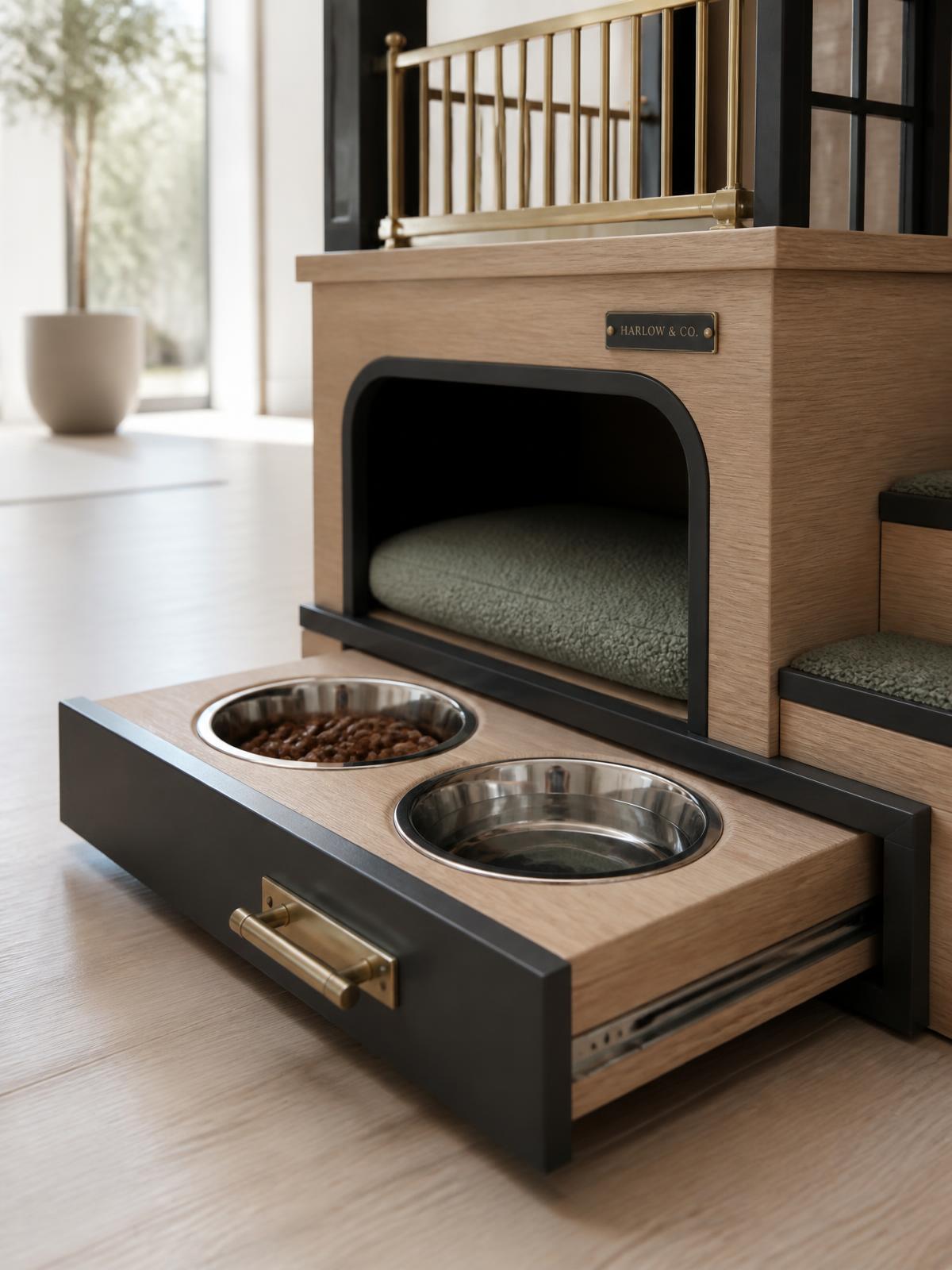 The Doodle pull-out service drawer with stainless steel food and water bowls