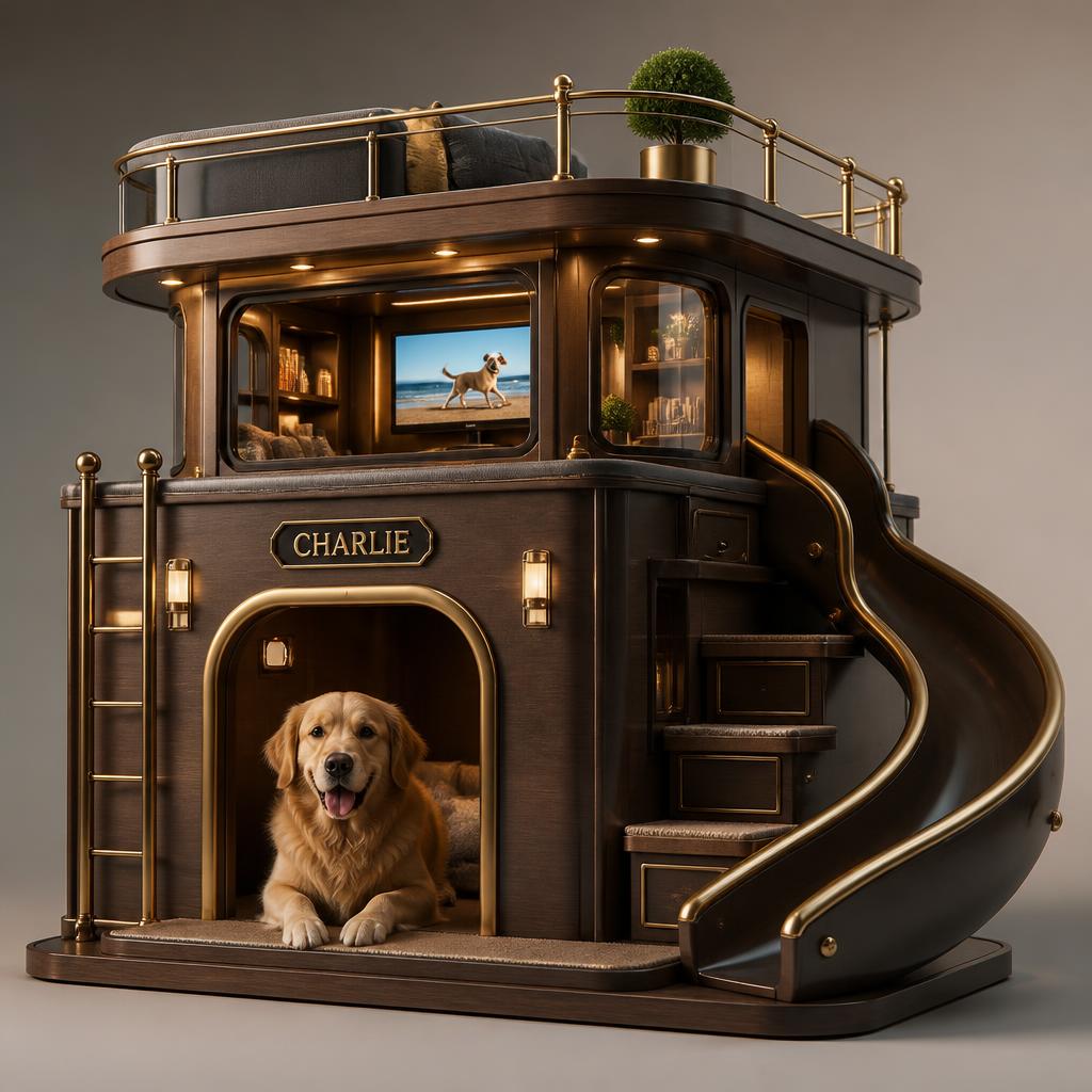 The Wellington — a two-storey doggy pad with a curved brass slide