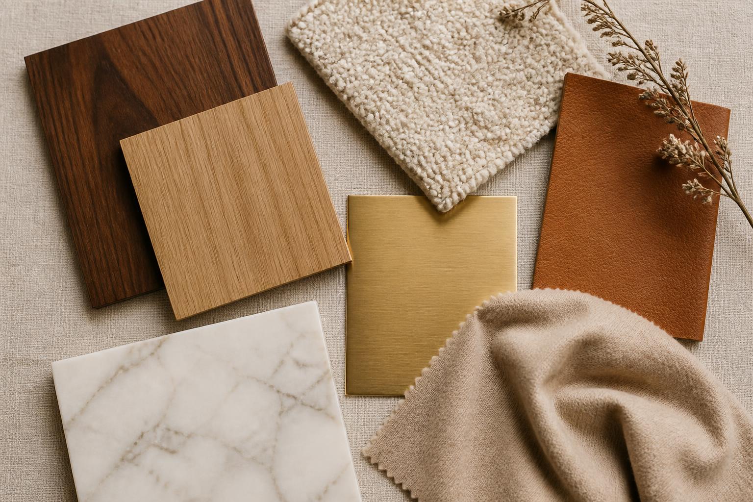 Material swatches: walnut, oak, brass, leather, bouclé, cashmere, marble